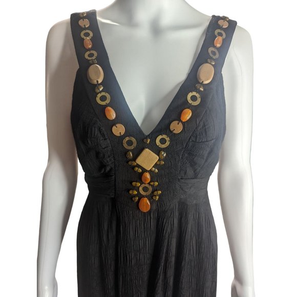Jax Black Maxi Dress Beaded Boho Embellishments Flowy Tie Waist V Neck sz 10 - Picture 3 of 12
